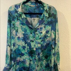 Soft Surroundings Teal Aqua and Navy Watercolor Floral Button-Front Blouse